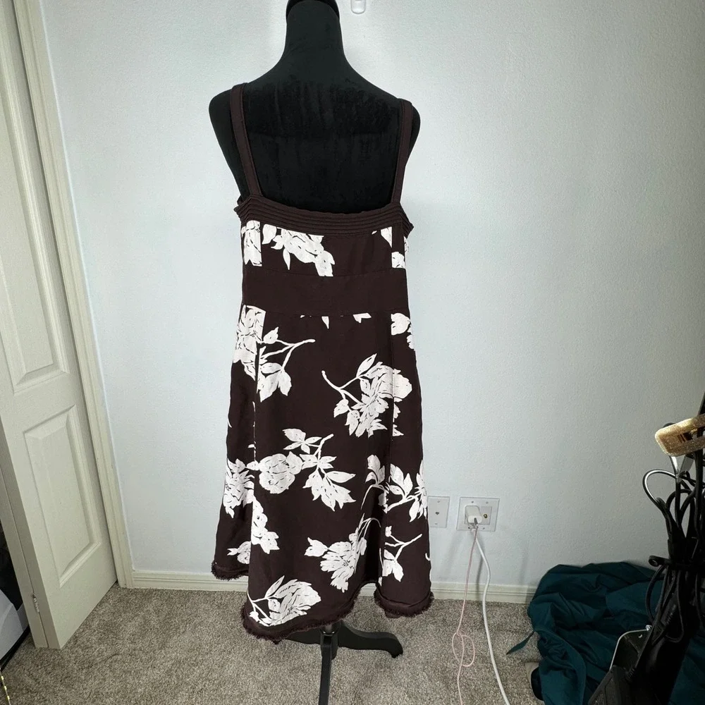 Monsoon Tropical Floral‎ Linen Blend Midi Dress Square Neck Brown Vacation 14